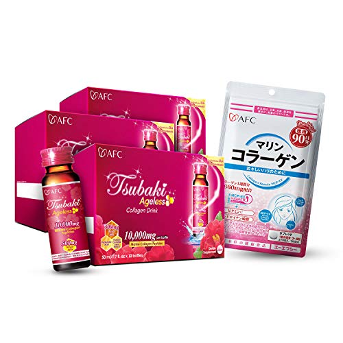 AFC Japan Tsubaki Ageless Beauty Collagen Drink with 10,000mg Marine Collagen Peptides & Royal Jelly + Collagen Beauty MCP-EX 270ct Pills, Anti-Aging, Skin Revitalization, Hair, Nails & Joints Health