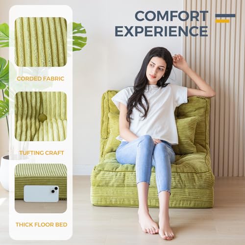 Image of MAXYOYO Folding Sofa Bed, Tufted Bean Bag Bed with Pillows Floor Couch for Adults, Extra Thick and Long Floor Sofa, Single Couch for Bedroom Living Room, Green, 30x91 Inch