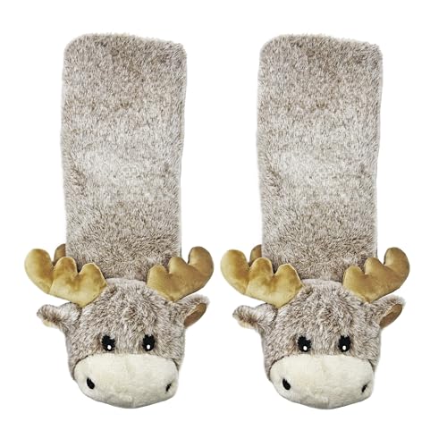Kids’ Funny Fuzzy Animal Slipper Socks, Cute Soft Non-Slip Warm Socks for Girls & Boys, Moose Up, Size 1-5