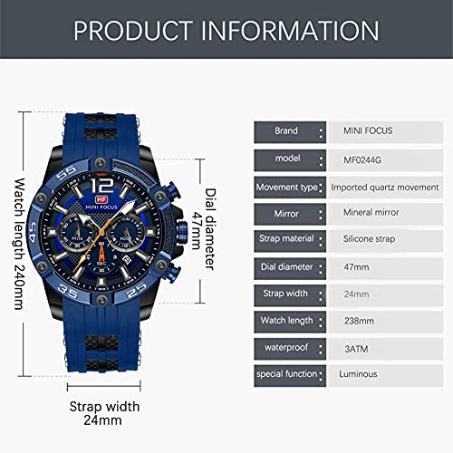 Image of MF MINI FOCUS Men Watch, Chronograph Waterproof Sport Analog Quartz Watches Blue Silicon Strap Fashion Wristwatch for Men
