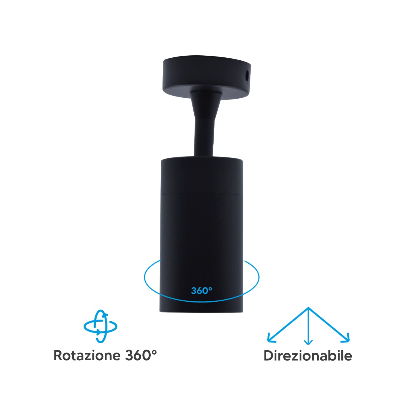Eurekaled Portafaretto de techo o pared GU10 - Foco orientable 360° con haz direccionable - Bombilla intercambiable - Para salón, cocina, pasillo - IP20 (negro)