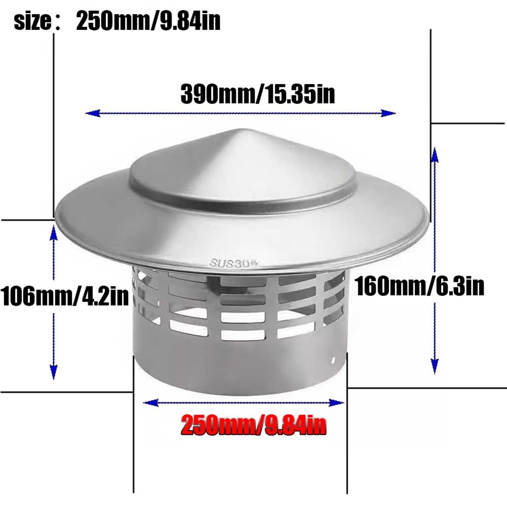 Cappello Comignolo, 75-300mm Cappuccio Camino, Copertura per Caminos in Acciaio Inox, Tappo per Canna Fumaria, Cappe per Comignolo(250mm/9.84inch)