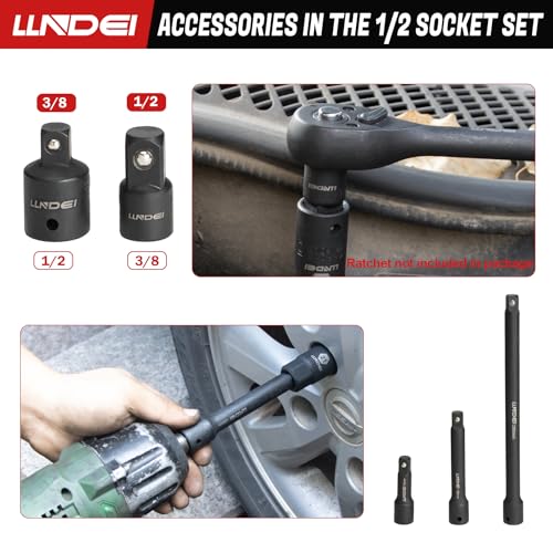image for LLNDEI 1/2 inch Drive Deep Impact Socket Set, 37 Piece Standard SAE 3/