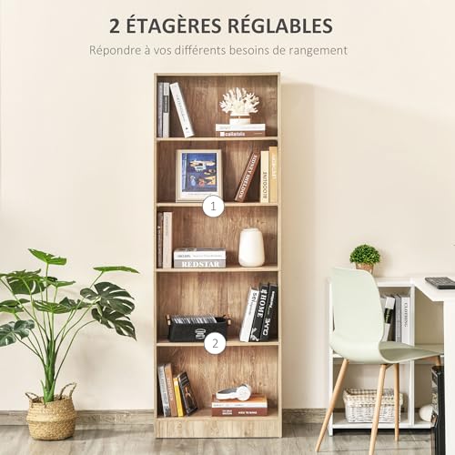 HOMCOM Bibliothèque, étagère de Rangement à 5 Niveaux avec étagères réglables, Meuble de Rangement pour Salon, Bureau, Chambre, 63 x 29,2 x 176 cm, Bois Naturel – Image 5