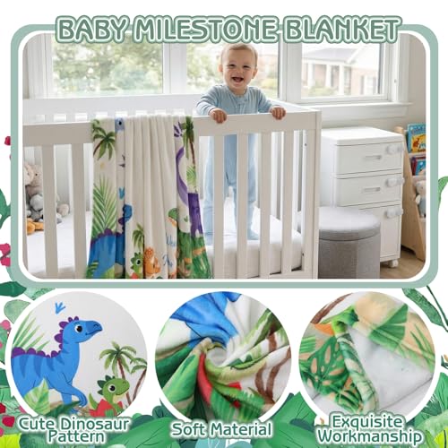 Image of Dinosaur Baby Monthly Milestone Blanket for Boys Girls Flannel Blanket Newborn Infant Swaddle Baby Growth Blanket Photography Background with Wooden Signs,Frames,Bib