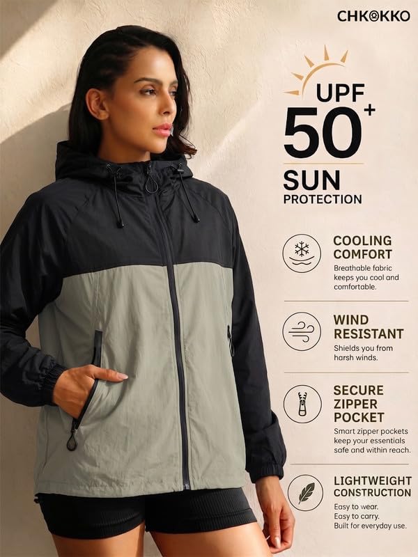 Image of CHKOKKO Sunscreen Jacket For Women With Hood Upf 50+ UV Tan Sun Protection | Wind Proof Lightweight Breathable Quick-dry Water-repellent Fabric | For Gym Sports Running Biking And Dailywear