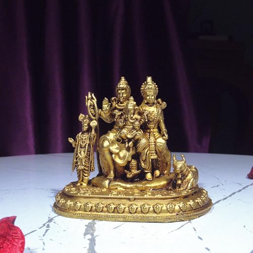Image of Brass Shiv Parivar Idol 5cm | Antique Golden Finish Lord Shiva Parvati Ganesh Kartikeya Statue | Handcrafted Brass Murti for Pooja Temple Home Office Decor Spiritual Navratri Diwali Gift Showpiece