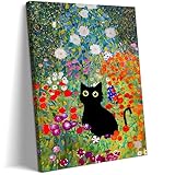 Framed Black Cat Canvas Wall Art, Gustav Klimt Inspired Colorful Garden Flowers Painting, Cute Cartoon Cat Floral Poster Print, Abstract Aesthetic Artwork for Living Room Bathroom Home Decor 12x16 in