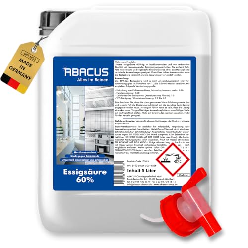 ABACUS Essigsäure 60% | Hochkonzentrierte Essigsäure für Haushalt Garten & Industrie | Vielseitig einsetzbar als Essigreiniger zum Reinigen & Entkalken | Individuell verdünnbar | 5 Liter