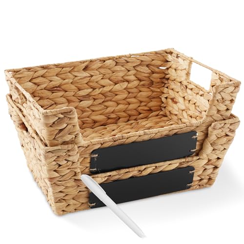 Casafield Set of 2 Water Hyacinth Pantry Baskets with Handles, Chalkboard Labels, and Marker - Natural, Wide Woven Storage Bin Organizers for Kitchen Shelves