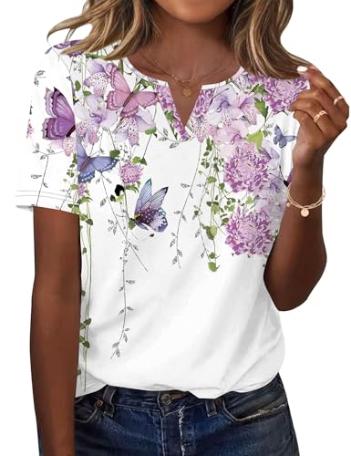 Rapbin Tunika Damen Kurzarm Bluse Elegantes Oberteil V-Ausschnitt T-Shirt Longshirt Lässige Shirts Blumen Schmetterlingsdruck L