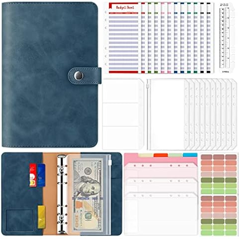 Budget Binder, Money Saving Wallet, 35Pcs A6 Budget Binder with Clear Cash Envelopes, Budget Sheets and Label Stickers, Cash Organizer for Budget Planner, Deep Blue Cover
