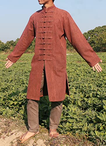 Image of Chinese Collar Mens Long Naval Jacket Many Button Tai Chi Cotton