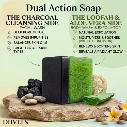 Image of Organic Handmade 2-in-1 Charcoal & Aloe Vera Soap - Natural Loofah Ayurvedic Exfoliating Scrub Bar for Tan Removal, Blackheads, Moisturizing & Deep Skin Detox, Bathing bar for Men & Women, Pack of 2 (120g x 2)