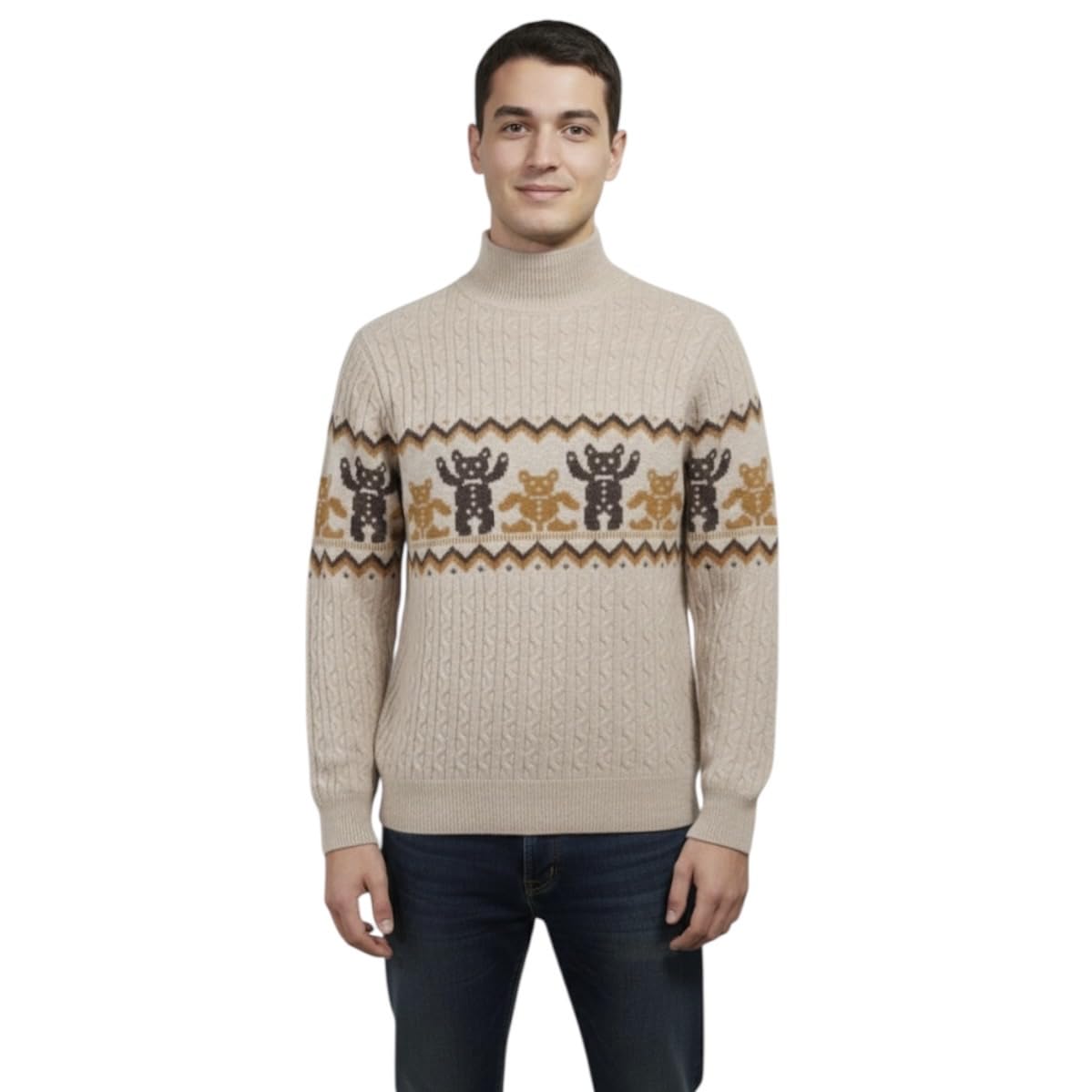 Men Wool Blend Beige High Neck Winter Sweater Plus Size Single Piece-picture-23