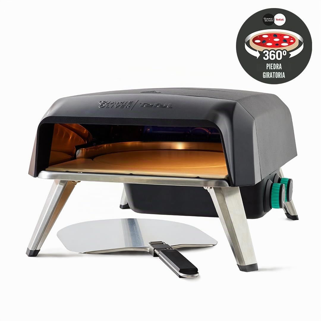Jamie Oliver by Tefal - Horno de pizza de piedra giratorio a gas, máquina de pizza casera, para exteriores, piedra giratoria interior de 360 grados, pelar, conector de gas JM4168G0