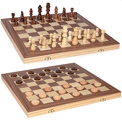 Amerous 15'' Wooden Chess & Checkers Set, 2 In 1 Board Games -2 Extra Queens - Folding Board - 24 Cherkers Pieces - Gift Box Packed - Chessmen Storage Slots, Beginner Chess Set For Kids And Adults #TOP2