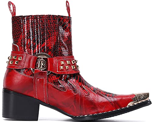 Santimon Men's Genuine Leather Chelsea Boots | Wingtip Toe & Snakeskin Texture Mid-Calf Western Cowboy Boots | Dress & Casual Shoes for Party Nightclub Rock Concerts (Singer, Stage)4