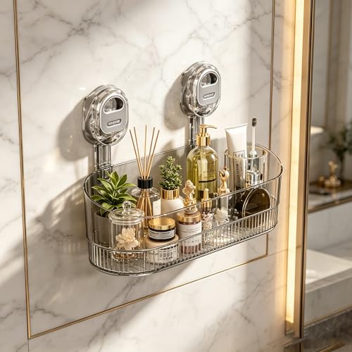 Eeghurt No Drilling Bathroom Suction Storage Box Large Capacity & Strong Load-Bearing Glacier Pattern Suction Cup Shower Caddy Hanging Shower Shelf Heavy Duty Shower Organizer (Gray)