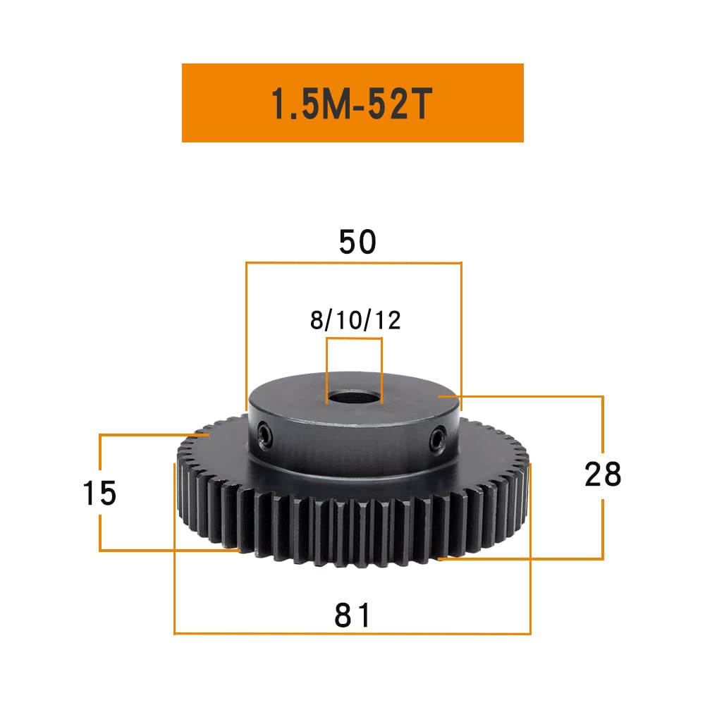 Bearings Replacement 1.5 M-52/54T Gear Wheel Bore Size 8/10/12 mm Motor Gear SC45#Carbon Steel Blackening High Frequency Quenching Transmission Parts(1.5M54T - Bore 10 mm)