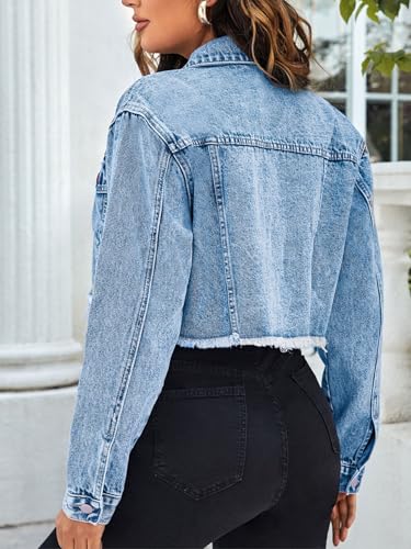 Floerns Women's Raw Hem Long Sleeve Button Down Pocket Cropped Denim Jean Jacket2