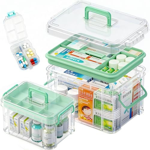 NEOCUPPIXE 2 Pack Clear Medicine Organizer Storage Box with Tray Portable Medicine Cabinet with Handle Plastic First Aid box Empty with pill case for home and travel