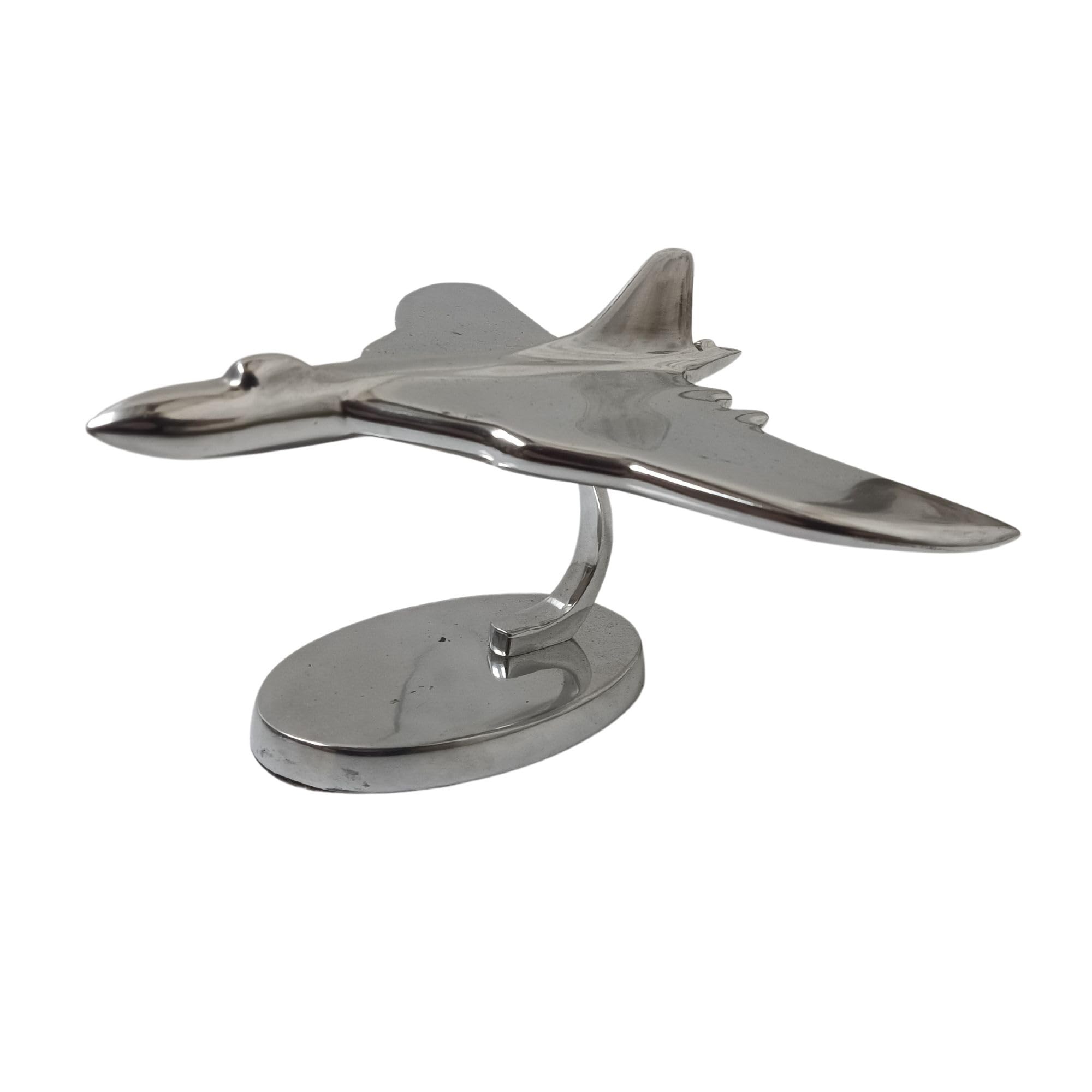 Sk Style Silver Avro Vulcan Bomber Metal Ornament On Display Stand, The Original Airborne Nuclear Deterrent, High Altitude Stratrgic Bomber Aircraft Model With A Hand Polished Finish And 26Cm Wingspan.