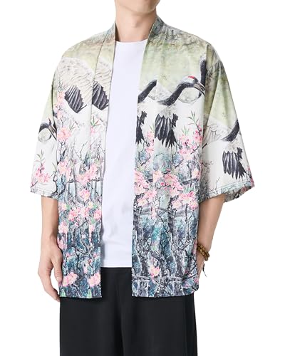 Image of PRIJOUHE Men's Lightweight Kimono Jacket Seven Sleeve Open Front Cardigan Coat Japanese Style Bathrobe