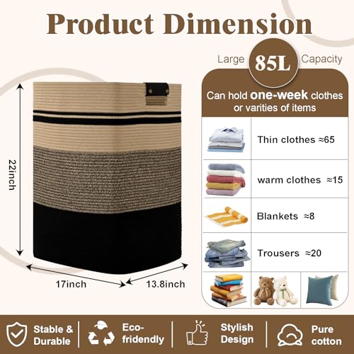 Image of Laundry Hamper, 85L Tall Laundry Basket with Leather Handles, Rectangle Large Clothes Hamper for Organizing, Cotton Woven Laundry Baskets Storage Hampers for Bedroom, Nursery, Living Room