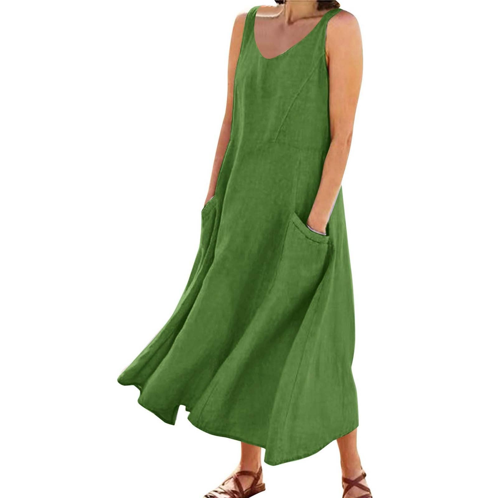 Arispjct Summer Cotton Linen Long Dress for Women 2025 Sleeveless Boho Flowy Dresses Plus Size Loose Comfy Dress with Pockets