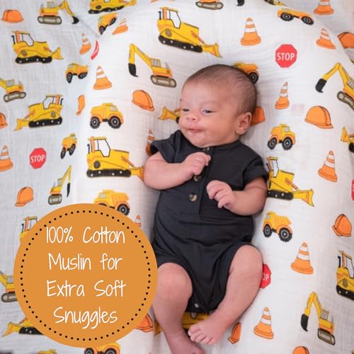 Image of LollyBanks Muslin Swaddle Blanket, 100% Muslin Cotton Baby Blankets for Boys, 47 X 47 Inches Newborn Receiving Blanket, Swaddles for Newborns Baby Boy, Registry (Fun Construction Theme Print)