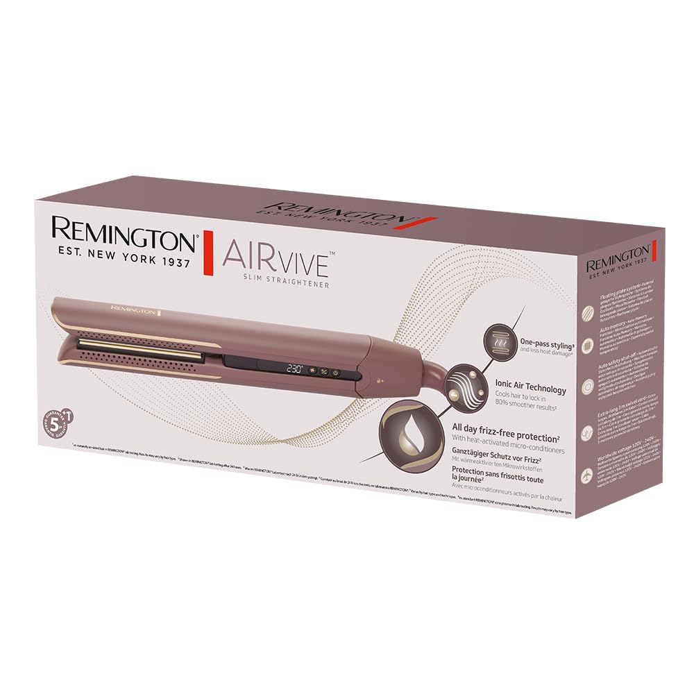 Remington plancha de pelo AIRvive con Aire Ionizado, tecnología Ionic Air antiencrespamiento, revestimiento cerámico ultrasuave con microacondicionadores (placas flotantes, digital, 150-230 °C) S8930