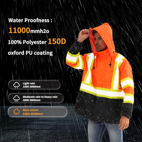 Image of Reflective Rain jackets for men waterproof,Hi Vis Safety Coat With Reflective Strips,High Visibility Class 3 Rain jackets With 2 large pockets,Zipper,Orange,LG /XL
