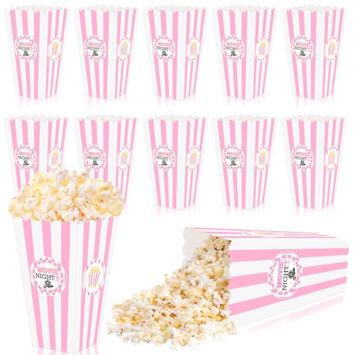K KUMEED 20 pcs Movie Night Large Popcorn Favor Boxes, 7.8 Inches Tall Pink & White Striped Popcorn Bowls for Movie Theme Party Supplies