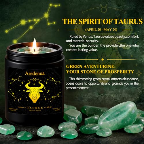 Image of Taurus Zodiac Candles with Aventurine Crystals, Balsamic Cedar Scent | Astrology Taurus Birthday Gifts for Women Men, Black Gift Box, 7 oz Soy Candle, 50 Hour Burn Time, Black Jar