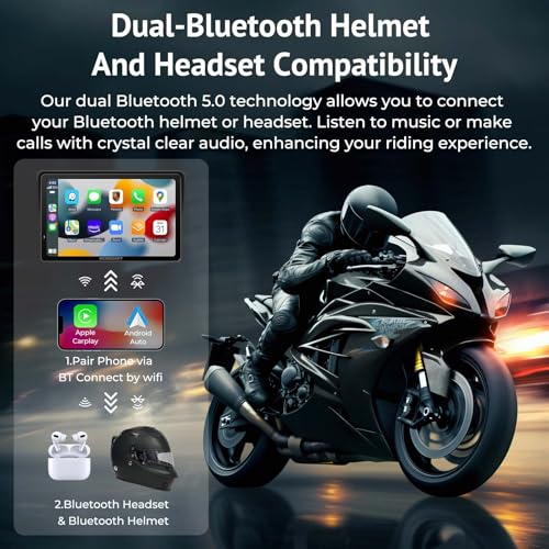 2025 Wonsidary W722 for Motorcycle CarPlay & Android Auto,7" Waterproof Smart GPS Navigation System Screen,Car Play Moto with Light Sensor,Dual Bluetooth,Siri/G-Assist,EQ,USB/Hardwired Power Supply
