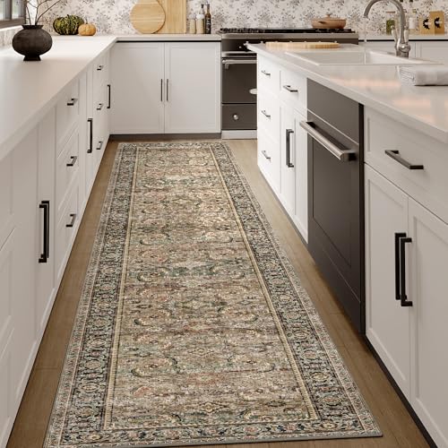 2x10 Washable Runner Rug Brown Vintage Distressed Hallway Kitchen Non Slip Low Pile Area Rug Living Room Bedroom Throw Rug Soft Indoor Carpet for Entrance Laundry Dining Room Bathroom