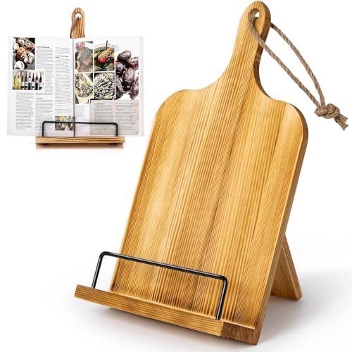 Wooden Cookbook Stand with Metal Page Holder, Recipe Book Holder for Kitchen Counter, Wall Mounted Cookbook Stand, Adjustable Kitchen Cookbook Holder, Rustic Cook Book Holder Stand for Easy Cooking