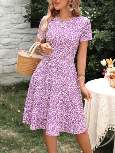 Image of Women's 2026 Fit and Flare Dress Summer Casual Elegant Vintage Floral Printed Work Party A-line Dress with Pockets 162