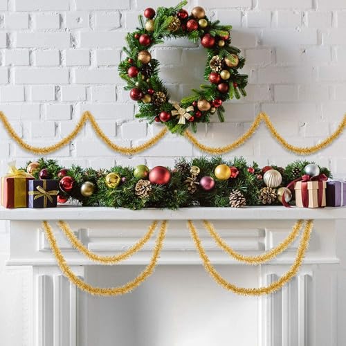 Guirnalda de espumillón amarillo de 50 yardas, cinta de oropel de Navidad para decoración 8