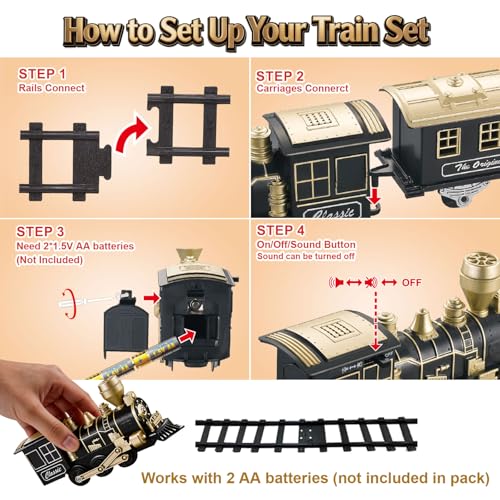 Image of Electric Train Set, Ages 4-8 - Christmas Train with Locomotive, Passenger Car, 6 Curves, LED Light & Sound - Indoor Toy for Kids, for Holiday Village or Train Table