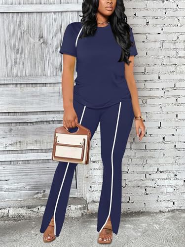 Image of STOLKISS Women 2 Piece Outfits Summer Workout Sweatsuit Striped Short Sleeve Long Flare Pants Casual Travel Tracksuit