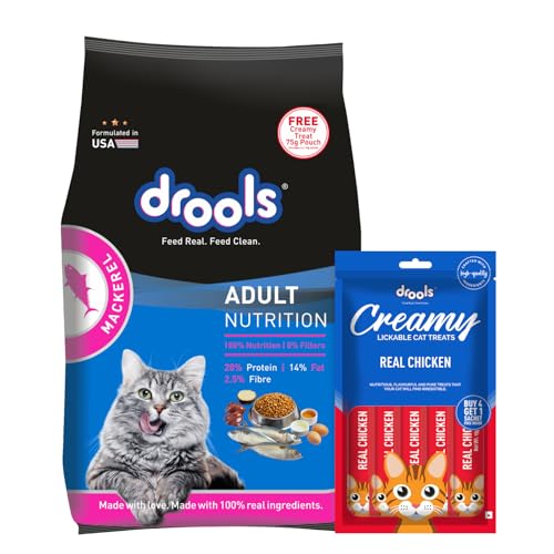 Image of Drools Adult Dry Cat Food 1kg with Free 75g Creamy Treat | Mackerel Flavour | Reduces Hairball Formation | Taurine for Strong Heart | Promotes Skin & Coat Care