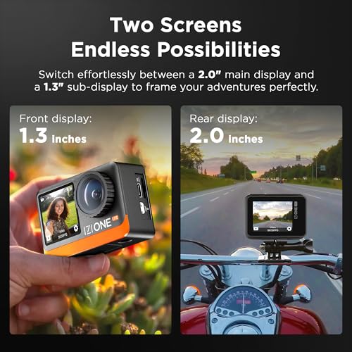 Image of IZI One Lite 5K Action Camera 4K 60FPS 50MP Ultra HD Dual Screen EIS Stabilization 170 Wide Angle 30M Waterproof 2 Batteries 180 Min 18+ Accessories 256GB Support for Sports Bike Diving Vlog Travel