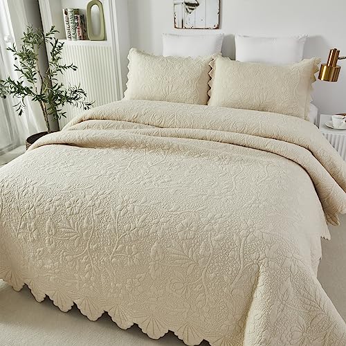 Brandream 20231013QS0066 Beige Quilts Queen King Size Cotton Farmhouse Matelasse Coverlet Scalloped Edge Bedspreads Luxury Quilt Bedding Set 3-Piece 98X106 thumb #2