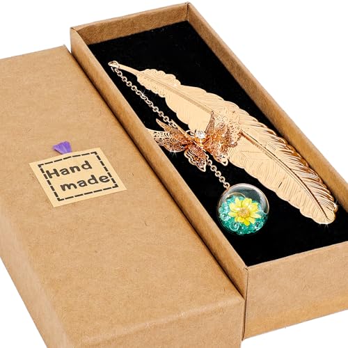Teacher Retirement Gifts - Metal Feather Bookmark with 3D Butterfly & Real Dried Flower Pendant -...