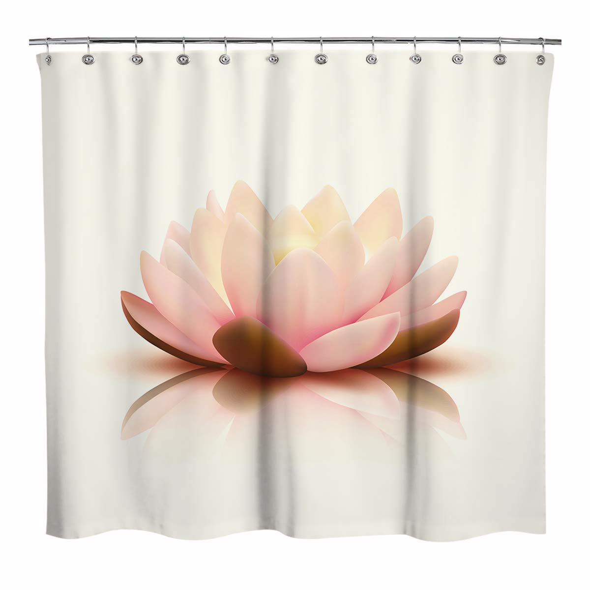 Sunlit Design Zen Style koi Pond Pink Lotus Blossom Fabric Shower Curtain with White Background, Spiritual Meditation Theme Bathroom Decoration Curtains