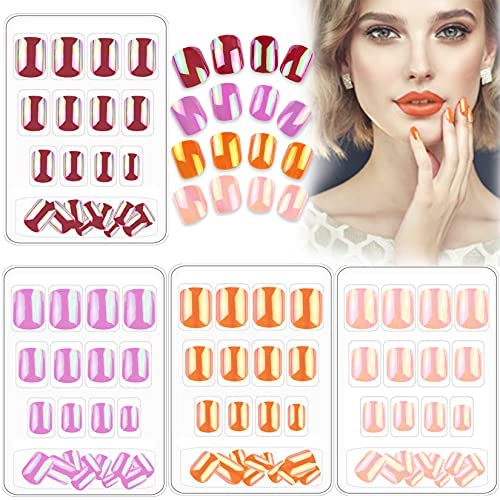 96 PCS Fake Nails Short Square False Gel Nails Tips Sets Full Cover Nail Art Colorful Red Purple Pink Orange Mirror for Women Teens Girls (No Glue) - 4 Packs
