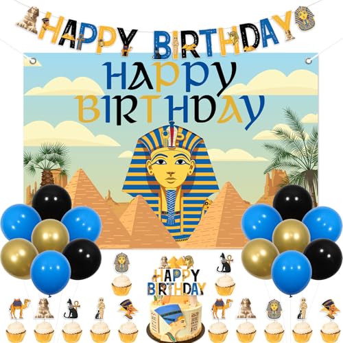 Cheereveal Egyptian Birthday Party Balloon Decorations, Egypt Happy Birthday Banner Backdrop, Pyramid Mummy Pharaoh Cupcake Toppers, Egyptian Themed Baby Shower Party Photography Background