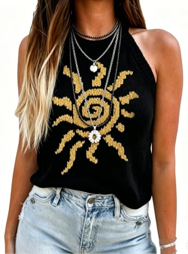 Image of MARZXIN Women Sleeveless Sweater Tank Round Neck Casual Aztec Geometric Knit Sweater Top